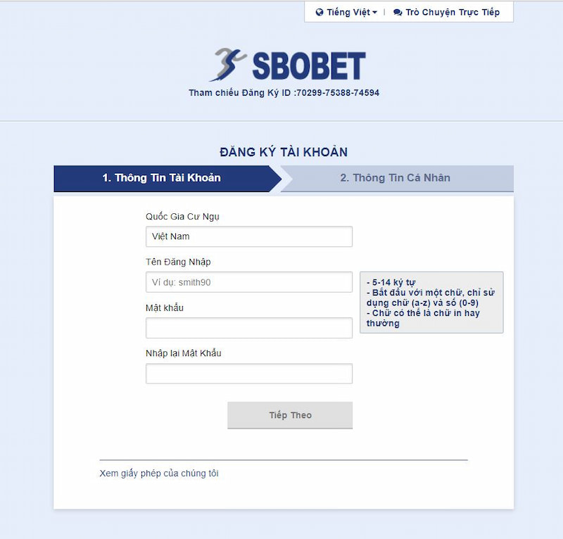 Các bước đăng ký tạo tài khoản tại Sbobet